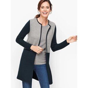Talbots Merino Blend Colorblock Sweater Jacket Size MP New Navy Gray Cardigan